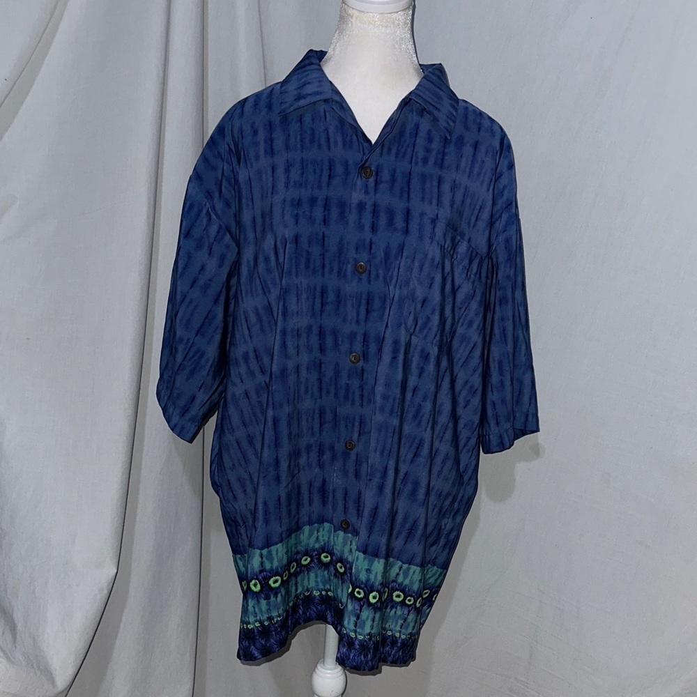 vintage Blue Tie-Dye Ocean Current button up Shirt with Green Accents size xl